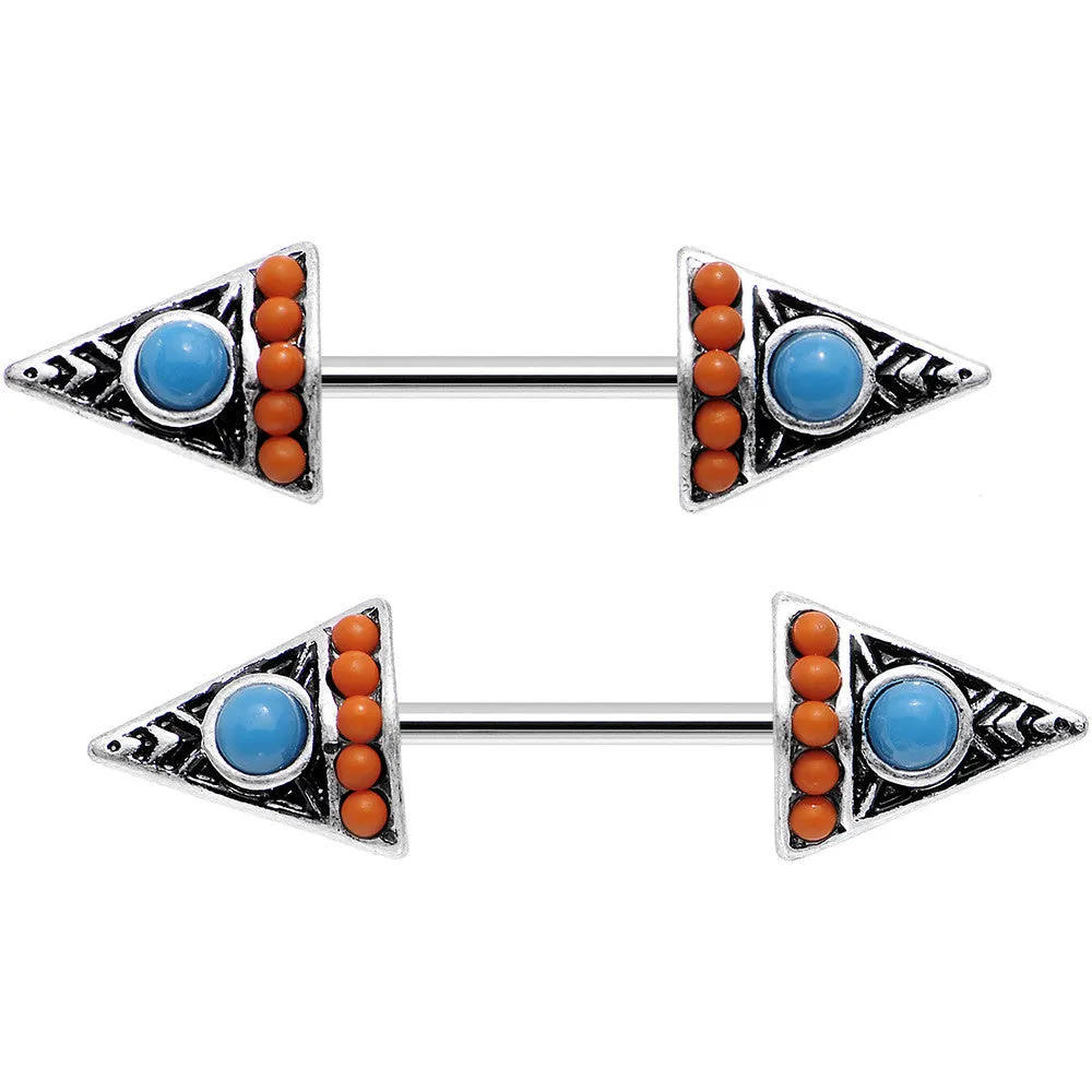 14 Gauge 9/16 Blue and Orange Artistic Deco Arrowhead Nipple Ring Set
