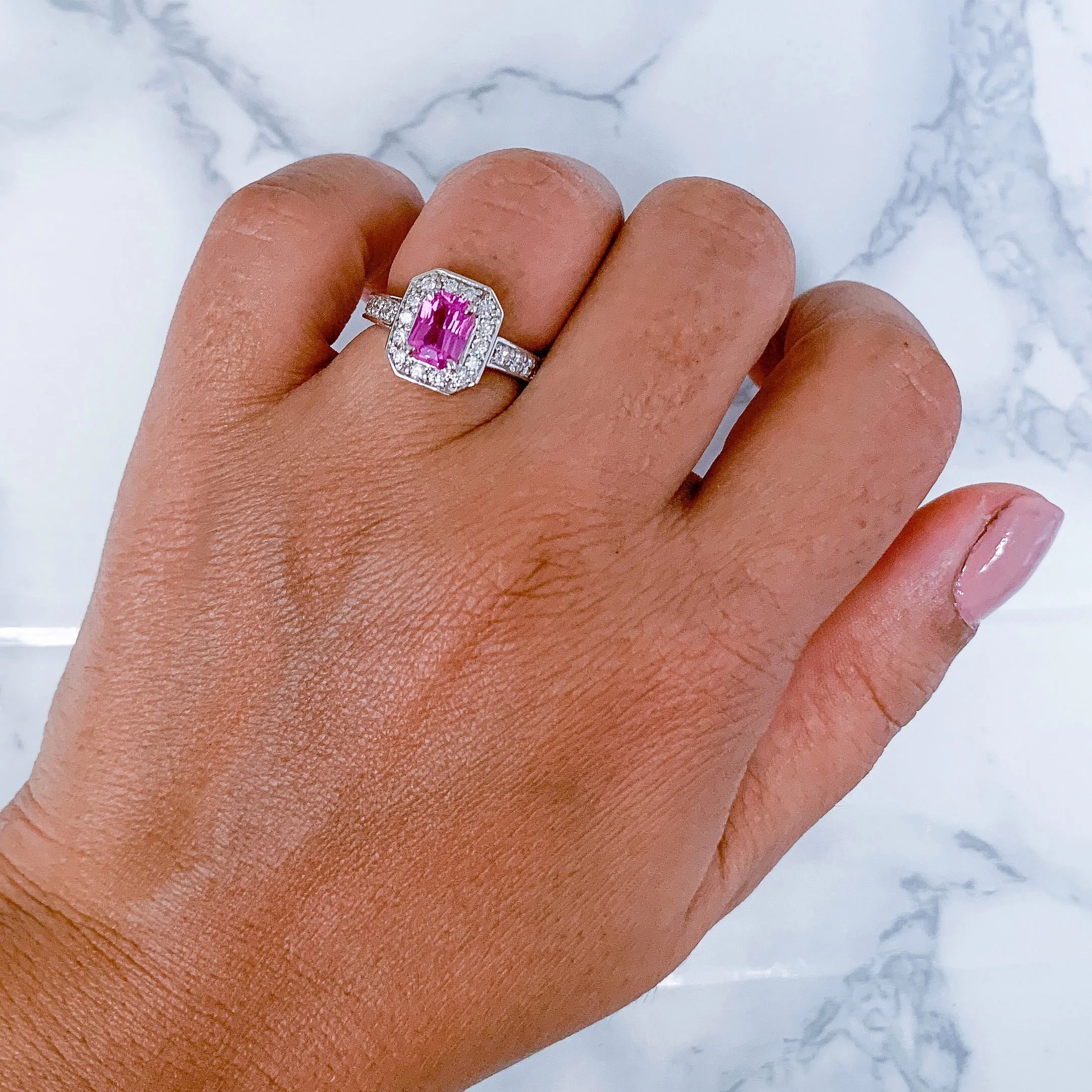 1.56ct Radiant Pink Sapphire Ring with Diamond Halo in 18K White Gold