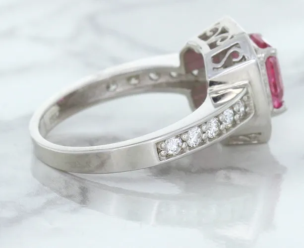 1.56ct Radiant Pink Sapphire Ring with Diamond Halo in 18K White Gold