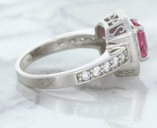 1.56ct Radiant Pink Sapphire Ring with Diamond Halo in 18K White Gold