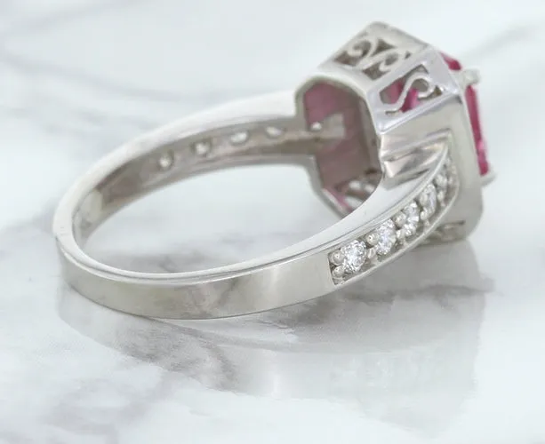 1.56ct Radiant Pink Sapphire Ring with Diamond Halo in 18K White Gold