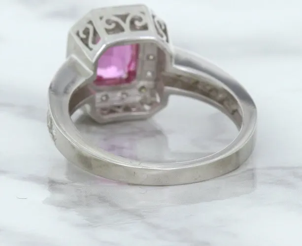 1.56ct Radiant Pink Sapphire Ring with Diamond Halo in 18K White Gold