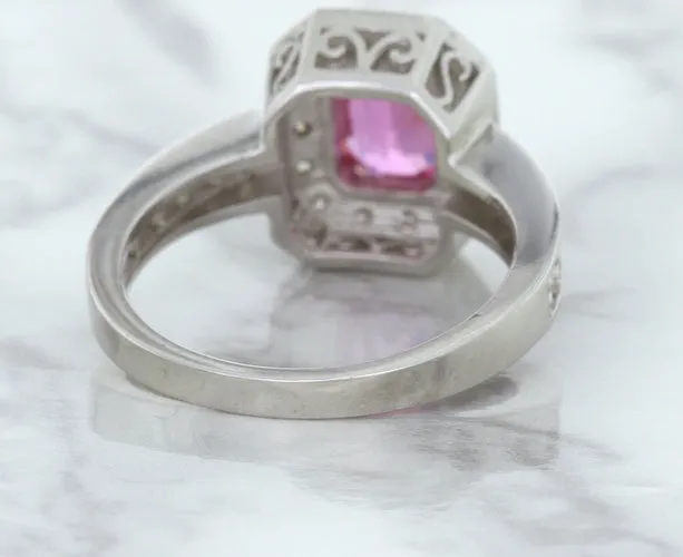 1.56ct Radiant Pink Sapphire Ring with Diamond Halo in 18K White Gold