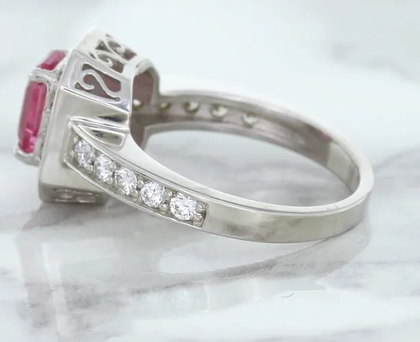 1.56ct Radiant Pink Sapphire Ring with Diamond Halo in 18K White Gold