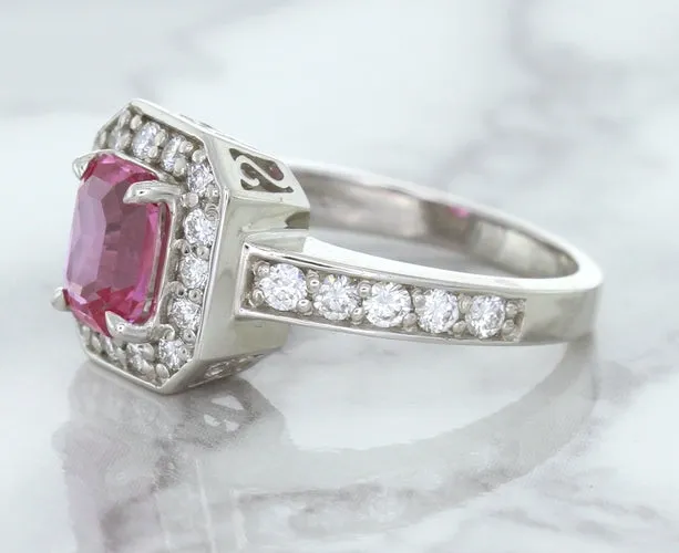 1.56ct Radiant Pink Sapphire Ring with Diamond Halo in 18K White Gold