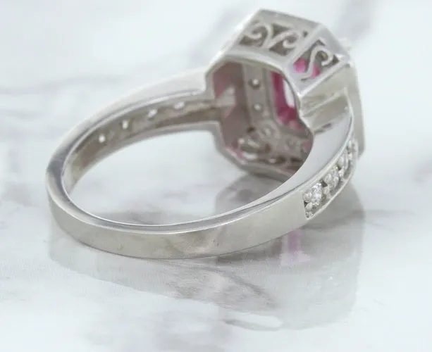 1.56ct Radiant Pink Sapphire Ring with Diamond Halo in 18K White Gold