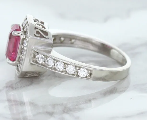 1.56ct Radiant Pink Sapphire Ring with Diamond Halo in 18K White Gold