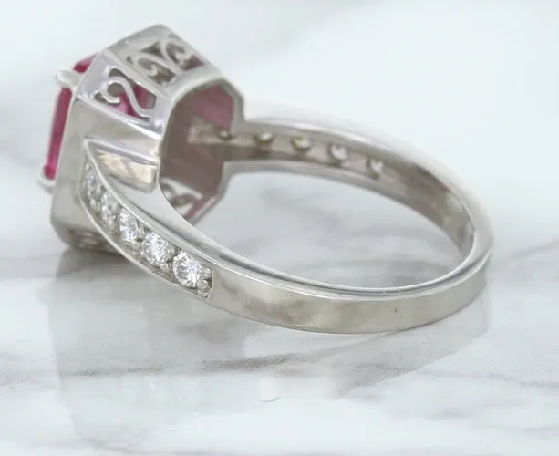 1.56ct Radiant Pink Sapphire Ring with Diamond Halo in 18K White Gold