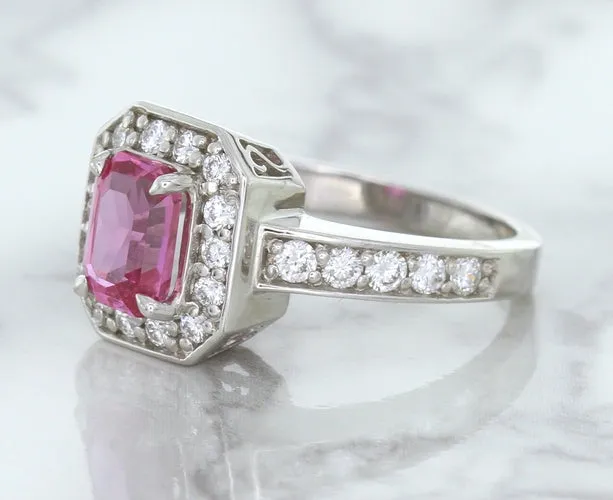 1.56ct Radiant Pink Sapphire Ring with Diamond Halo in 18K White Gold
