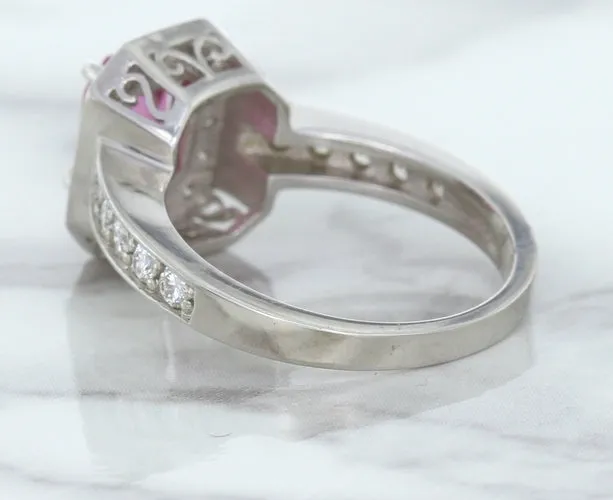 1.56ct Radiant Pink Sapphire Ring with Diamond Halo in 18K White Gold