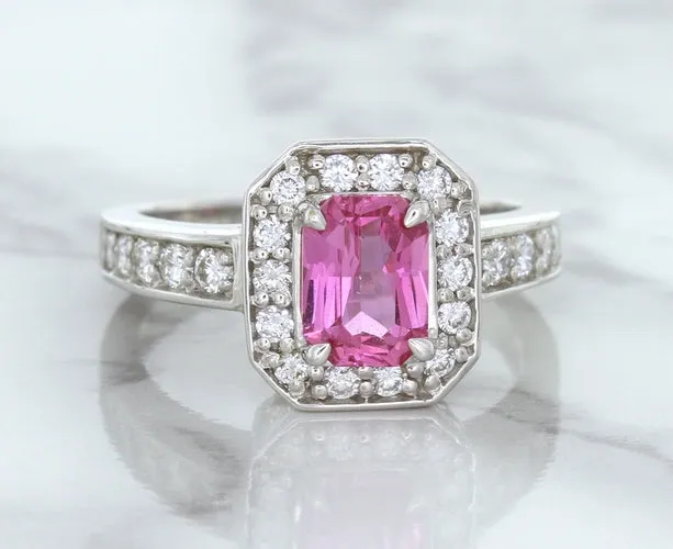 1.56ct Radiant Pink Sapphire Ring with Diamond Halo in 18K White Gold