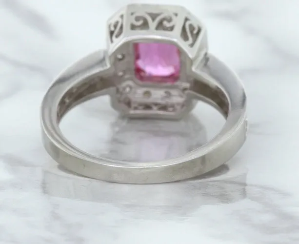 1.56ct Radiant Pink Sapphire Ring with Diamond Halo in 18K White Gold