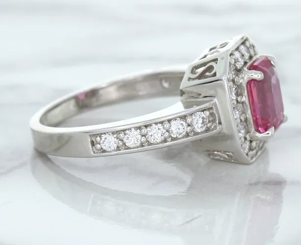 1.56ct Radiant Pink Sapphire Ring with Diamond Halo in 18K White Gold