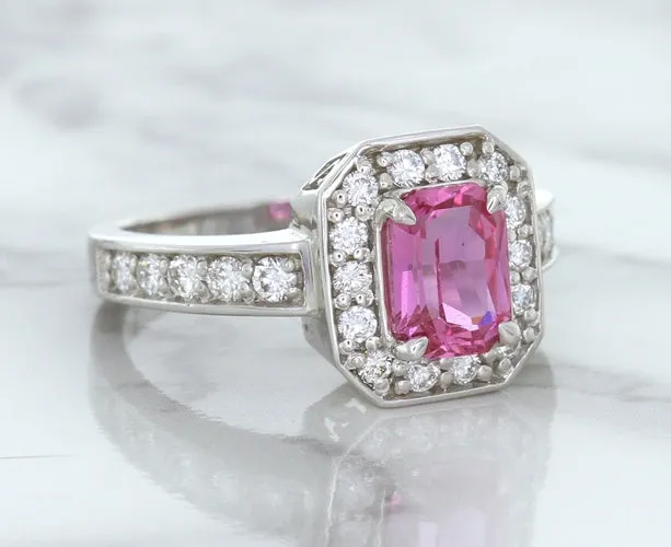 1.56ct Radiant Pink Sapphire Ring with Diamond Halo in 18K White Gold