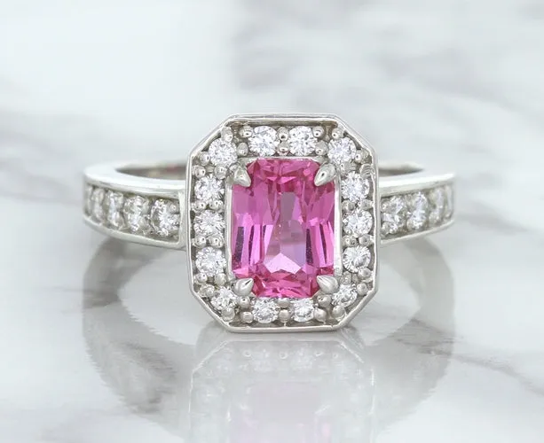 1.56ct Radiant Pink Sapphire Ring with Diamond Halo in 18K White Gold