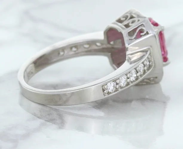 1.56ct Radiant Pink Sapphire Ring with Diamond Halo in 18K White Gold