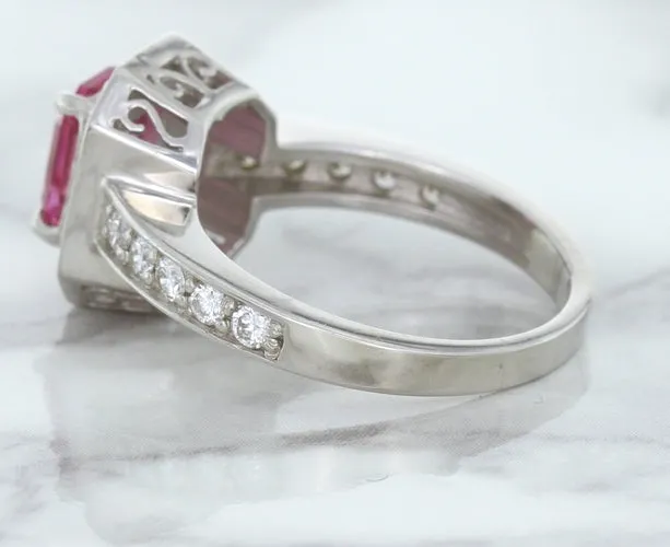 1.56ct Radiant Pink Sapphire Ring with Diamond Halo in 18K White Gold
