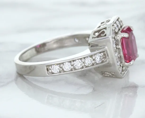 1.56ct Radiant Pink Sapphire Ring with Diamond Halo in 18K White Gold