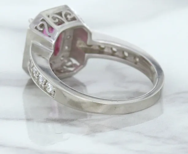1.56ct Radiant Pink Sapphire Ring with Diamond Halo in 18K White Gold