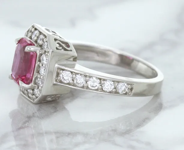 1.56ct Radiant Pink Sapphire Ring with Diamond Halo in 18K White Gold