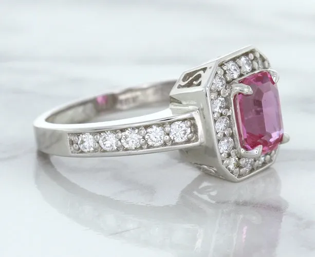 1.56ct Radiant Pink Sapphire Ring with Diamond Halo in 18K White Gold