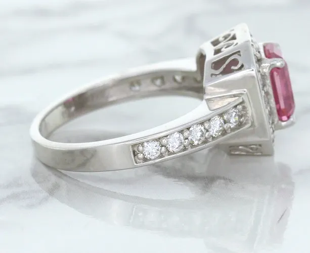 1.56ct Radiant Pink Sapphire Ring with Diamond Halo in 18K White Gold