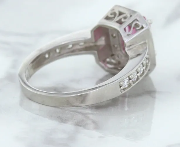 1.56ct Radiant Pink Sapphire Ring with Diamond Halo in 18K White Gold