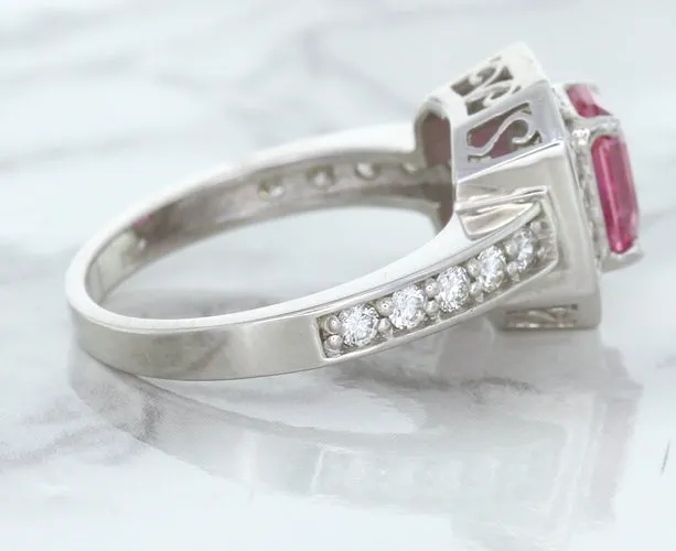 1.56ct Radiant Pink Sapphire Ring with Diamond Halo in 18K White Gold
