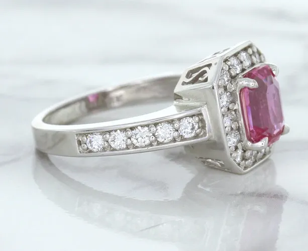 1.56ct Radiant Pink Sapphire Ring with Diamond Halo in 18K White Gold