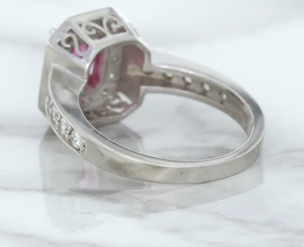 1.56ct Radiant Pink Sapphire Ring with Diamond Halo in 18K White Gold