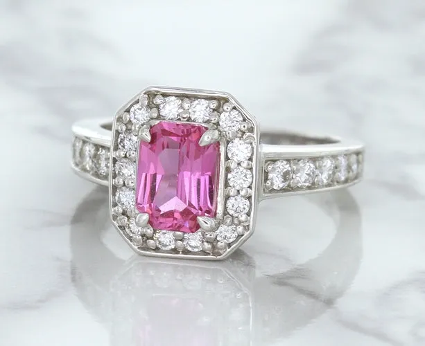 1.56ct Radiant Pink Sapphire Ring with Diamond Halo in 18K White Gold