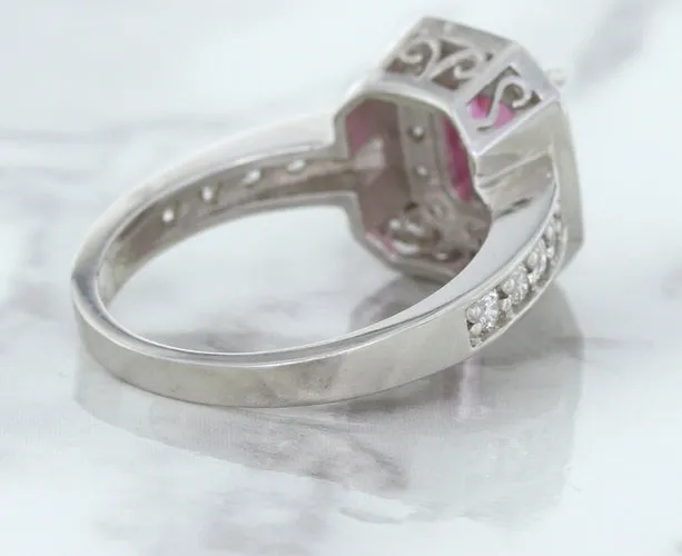 1.56ct Radiant Pink Sapphire Ring with Diamond Halo in 18K White Gold
