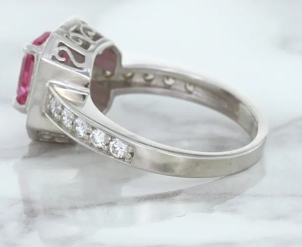 1.56ct Radiant Pink Sapphire Ring with Diamond Halo in 18K White Gold