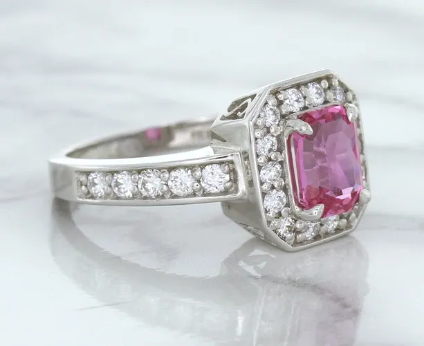 1.56ct Radiant Pink Sapphire Ring with Diamond Halo in 18K White Gold