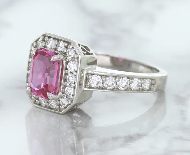 1.56ct Radiant Pink Sapphire Ring with Diamond Halo in 18K White Gold