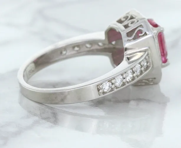 1.56ct Radiant Pink Sapphire Ring with Diamond Halo in 18K White Gold