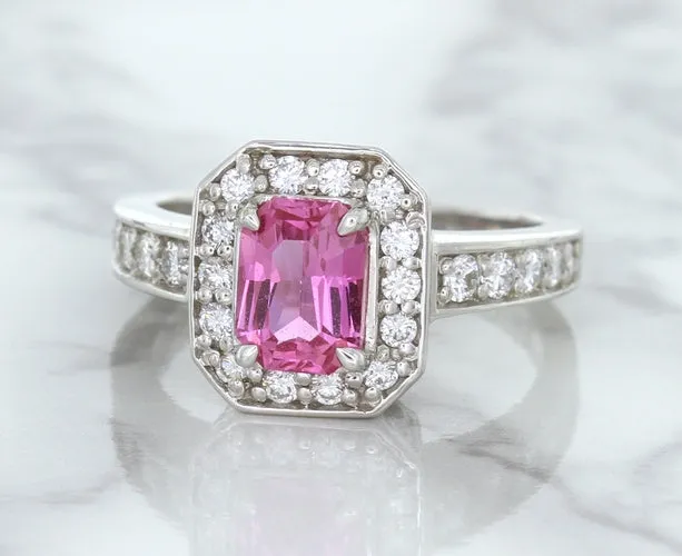 1.56ct Radiant Pink Sapphire Ring with Diamond Halo in 18K White Gold