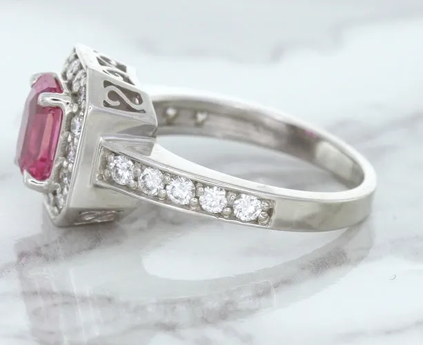 1.56ct Radiant Pink Sapphire Ring with Diamond Halo in 18K White Gold