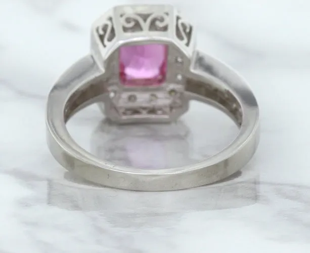 1.56ct Radiant Pink Sapphire Ring with Diamond Halo in 18K White Gold