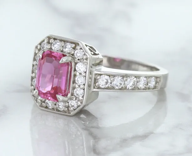 1.56ct Radiant Pink Sapphire Ring with Diamond Halo in 18K White Gold