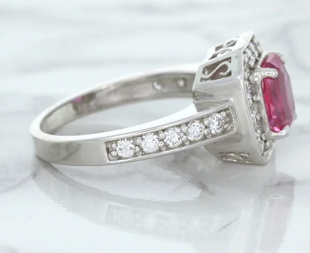 1.56ct Radiant Pink Sapphire Ring with Diamond Halo in 18K White Gold