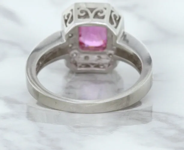 1.56ct Radiant Pink Sapphire Ring with Diamond Halo in 18K White Gold