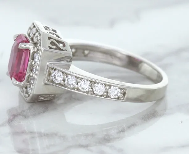 1.56ct Radiant Pink Sapphire Ring with Diamond Halo in 18K White Gold