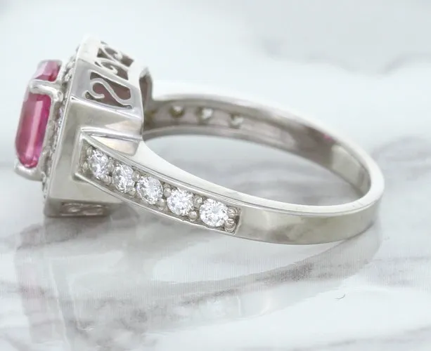 1.56ct Radiant Pink Sapphire Ring with Diamond Halo in 18K White Gold