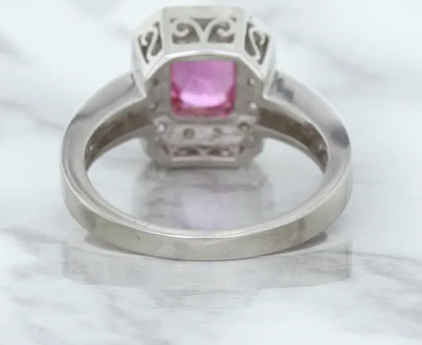 1.56ct Radiant Pink Sapphire Ring with Diamond Halo in 18K White Gold