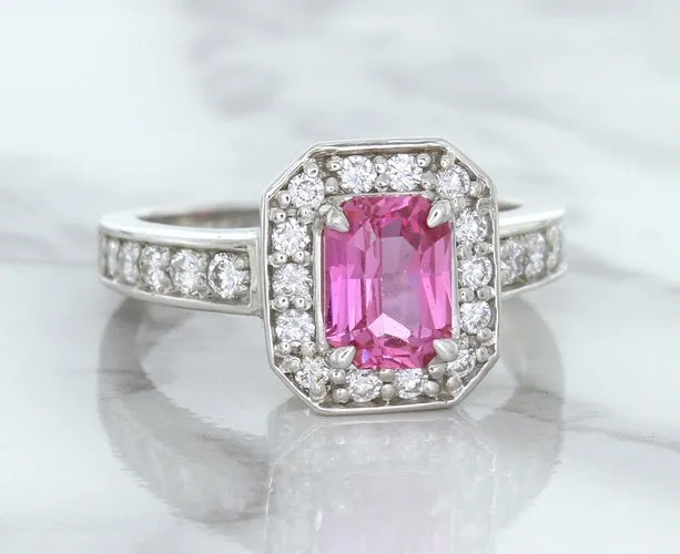 1.56ct Radiant Pink Sapphire Ring with Diamond Halo in 18K White Gold