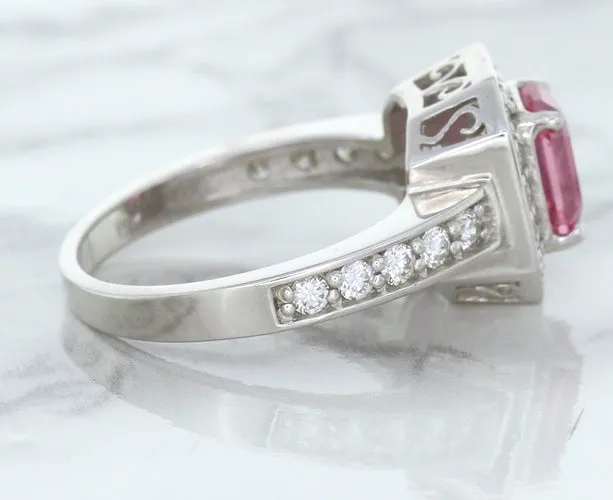 1.56ct Radiant Pink Sapphire Ring with Diamond Halo in 18K White Gold