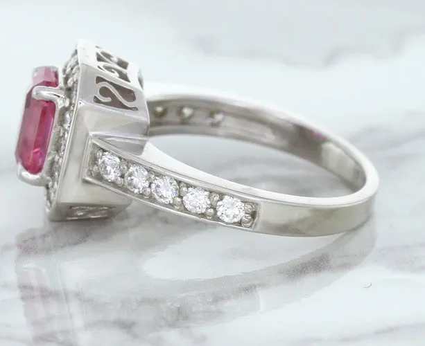 1.56ct Radiant Pink Sapphire Ring with Diamond Halo in 18K White Gold