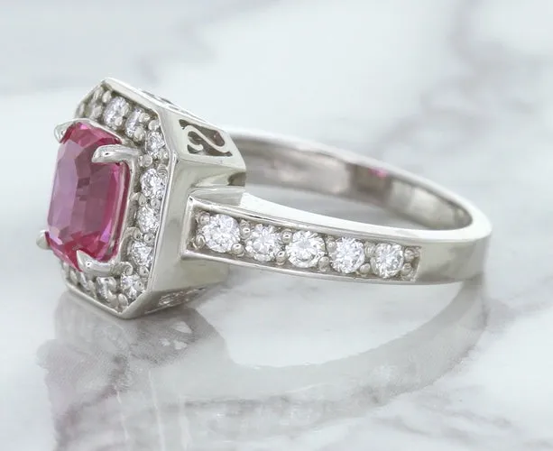 1.56ct Radiant Pink Sapphire Ring with Diamond Halo in 18K White Gold
