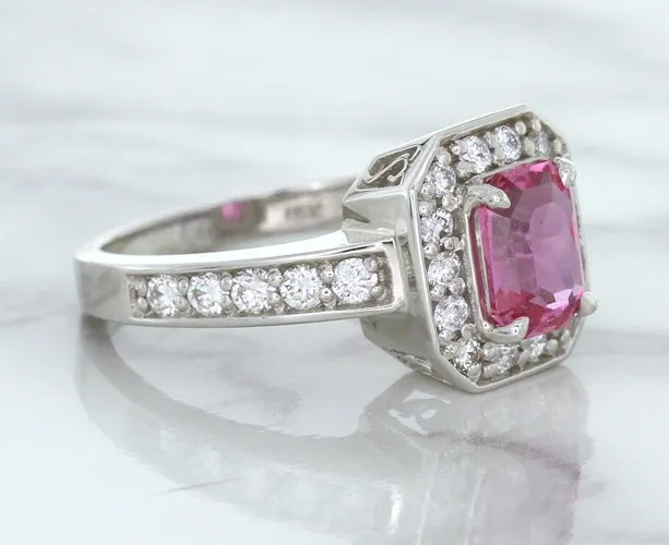 1.56ct Radiant Pink Sapphire Ring with Diamond Halo in 18K White Gold